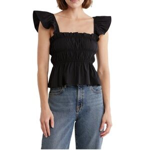 Elodie Shirred Peplum Black Top Size Medium New with Tags